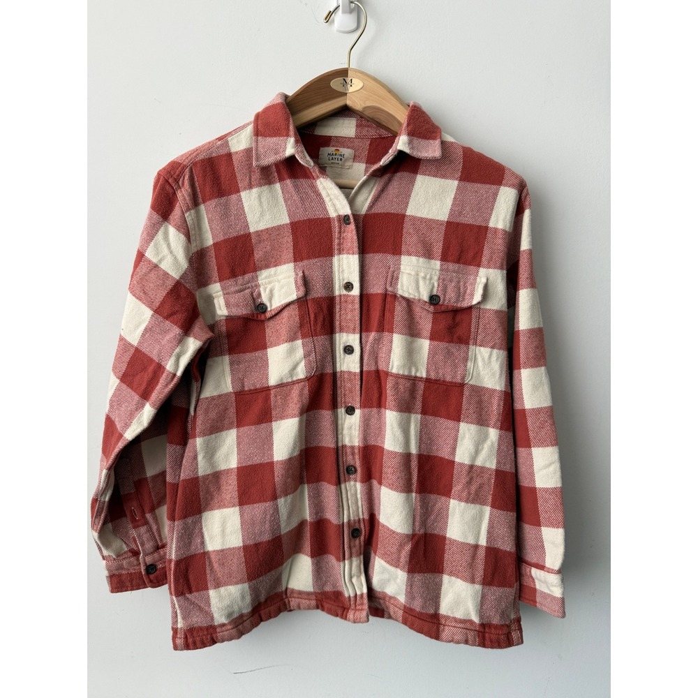 Marine Layer Women's Medium Plaid Shirt Jacket Shacket Red Ivory Holiday 2021